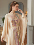 Beige Butterfly-Sleeve Colorful Squins Party Dress Middle East Ramadan Muslim Dress Arab Women's Robe Chiffon Belt Bow Vestioes