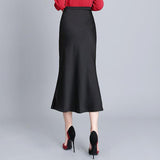 Summer Midi Elegant High Waist Black Long Satin Skirt Office Trumpet Vintage Silk Fishtail Skirts