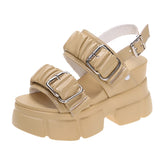 Pleated Chunky Platform Sandals Buckle Wedges Slippers Woman 9cm High Heel Summer Sandalias