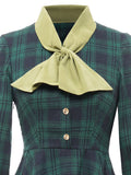 Elegant Women Bow Neck Green Plaid 50s Vintage Spring 3/4 Length Sleeve A-Line Midi Dress
