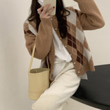 Autumn Women Single-breasted Argyle Cardigans Casual Knitted Sweater Coat Streetwear