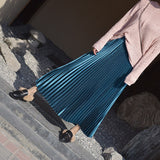 Autumn Winter Women Elastic High Waist Pleated A-Line Long Skirts