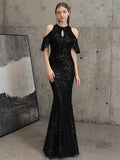 O-neck Mermaid Evening Dress Off-the-shoulder Elegant Prom Gown Flounces Sequins Long Formal Dress