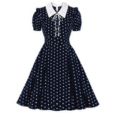 Blue Green Vintage Retro Chiffon Party Women Dress Polka Dots Print Turn Down Collar With Bow Rockabilly A Line Party Sundress