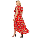 Red Floral Plus Size Women Boho V Neck Asymmetrical High Waist Beachwear Long Beach Party Bohemian Dress
