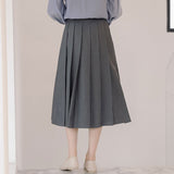 Women High Waist Pleated Skirts Spring Korean Style Solid Color All-match Ladies Elegant A-line Long Skirt