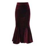 Tight Long Black Red Velvet Women Autumn High Waist Bodycon Maxi Fishtail Skirt