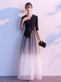 Tailored Collar V-neck Formal Dress Black Long-sleeve Tulle A-line Occasion Evening Dress Women Gowns Burgundy Dress