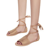 Women Solid Colors Bandage Cross Ankle Strap Fish Mouth Roman Sandals Summer Beach Flat Shoes