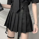 Gothic Black Pleated Skirt With Strap Women High Waist Retro Vintage Streetwear Solid Harajuku Grunge Punk Hip Hop School Skater
