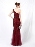 One-shoulder Tulle Sequins Evening Dress Long Mermaid Elegant Vestioes Prom Robe Burgundy White Formal Dress