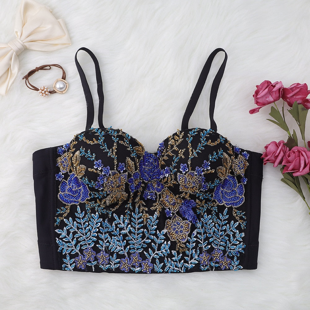 Winter Sexy Embroidered Beaded Corset With Cup Nightclub Party Short Cami In Bra Cropped Crop Top Push Up Breast