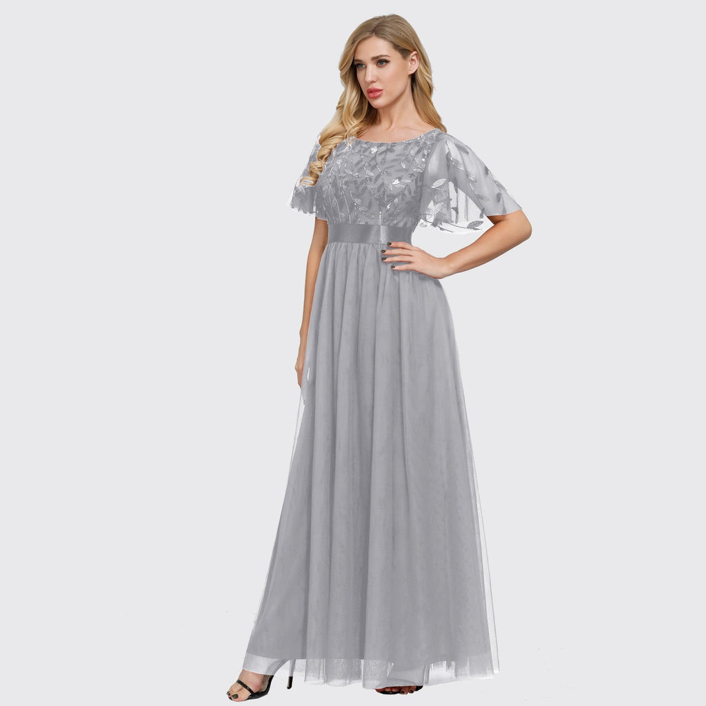 Sparkle Long A-Line O-Neck Short Sleeve Formal Evening Dress Women Elegant Gowns Sequined Tulle Vestido