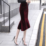 Tight Long Black Red Velvet Women Autumn High Waist Bodycon Maxi Fishtail Skirt