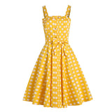 2021 Yellow 50s Pinup Vintage Button Front Polka Dot Summer Tank Rockabilly Dresses Women Party Belted Cotton Midi Dress