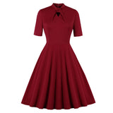 Twist Stand Collar Cutout Front Red Solid Vintage Leisure Short Sleeve A Line Summer Elegant Dress