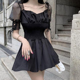 Harajuku Gothic Black Dress Streetwear Lace Up Sleeve Slash Neck Retro Vintage Mesh Summer Goth Punk Women A-Line Party Dresses
