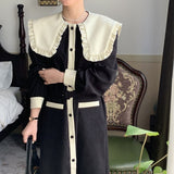 Frill Edge Peter Pan Collar Contrast Trim Long Sleeve Dress Elegant Vintage Corduroy Midi Dress With Belt