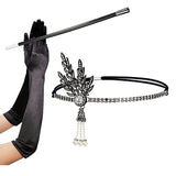 3pcs/set 1920s Flapper Great Gatsby Accessories Set Leaf Medallion Pearl Headband Black Gloves Cigarette Holder Costume