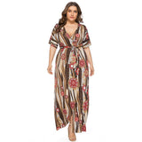 Plus Size Women Slit V Neck Asymmetrical Short Sleeve Long Maxi Bohemian Dress