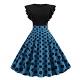 Two Tone Ruffle Armhole Polka Dot Elegant Vintage O-Neck A Line Retro Slim Swing Dress