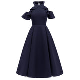 Elegant Black Vintage Cold Shoulder Ruffle Sleeve Robe Pin Up Vestidos Evening Party Retro Dress