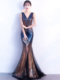 Sleeveless V-neck Black-Burgundy Mermaid Formal Party Dresses Shinning Sequins Floor-length Backless Prom Gowns