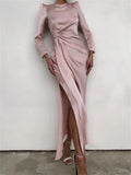 Long Sleeve O Neck Satin Split Women Maxi Sexy Elegant Party Club Dress