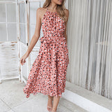 Ladies Boho A-Line O-Neck Polka Dot Maxi Long Holiday Foral Print Beach Dress