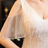Polyester Thread Tassel Beaded Mermaid Elegant Formal Party Dress Ruffle Sleeve Dubble-V-neck Floor Length Gowns