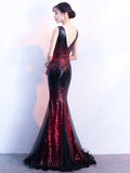 Sleeveless V-neck Black-Burgundy Mermaid Formal Party Dresses Shinning Sequins Floor-length Backless Prom Gowns