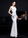 Women Elegant V Neck Backless Party Maxi Dress Beads Formal White Evening Dress