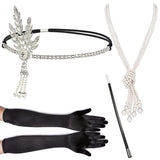 4pcs/set 1920s Flapper Accessories Set Rhinestone Headpiece Pearl Knot Necklace Bracelet with Cigarette Holder