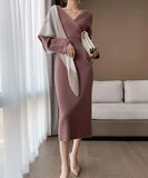 2021 Women's Autumn Winter New Retro Temperament V-neck Sexy Backless Slim Knitted Dress