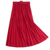 Korean Fashion Pleated Long A-Line Women Elegant Elastic High Waist Autumn Skirt With Belt