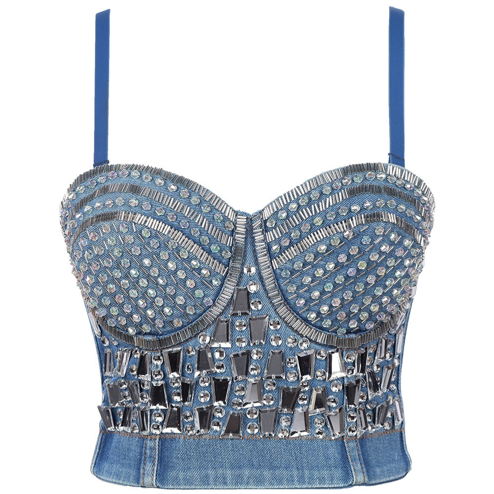 Women Camis Sexy Crop Top To Wear Out Rhinestone Sequins Acrylic Denim Cropped Corset Push Up Bra