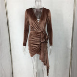 Brown Velvet V Neck Long Sleeve Sashes Wrap Sexy Night Club Party Sheath Dress