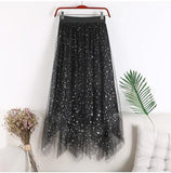 Women Mesh Gold Velvet Lining Irregular A-line Star Sequins Long Maxi Skirt