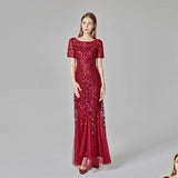 Plus Size Evening Dresses Mermaid O Neck Short Sleeve Lace Appliques Tulle Long Party Gown Robe Soiree Sexy Formal Dress