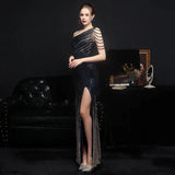 Elegant One Shoulder Slit Gold Sequin Evening Dress Women Beads Party Maxi Dress