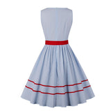 O-Neck Sleeveless 50s Striped Vintage Pleated Cotton Women Pocket Side Red Belt Casual Ladies Dress