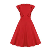 Bow Neck Vintage Style Ruffle Armhole Women Red Dress