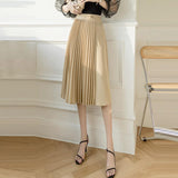 Women Summer High Waist Pleated Skirts Korean Style Solid Color Ladies Elegant A-line Long Skirt