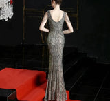 Sexy Slit Sequins Long Women V-neck Beading Evening Party Dress