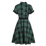 50s Style Vintage Green Plaid Pinup Swing Button Up Short Sleeve Belted Elegant A Line Retro Dress