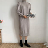 Autumn Winter Turtleneck Oversized Sweater Dress Elegant Long Sleeve Solid Cozy Casual Knitted Midi Dress