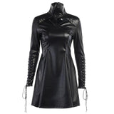 Autumn Lace Up A Line Women PU Leather Mini Dress Party Gothic Aesthetic Emo Y2K Sundress Plunge Pleated Cami Hip Hop Dresses