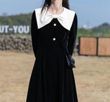 Black Vintage Velvet Dress Women Kawaii One Piece Dress Korean Fashion Long Sleeve Elegant Midi Dress Bow Design 2021 Winter