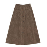 Casual Corduroy Women High Waist A-Line Solid Button Pocket Skirts