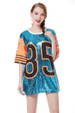 Cheerleaders Stage Performance Loose Oversized Causal 85 Letter Shift Sequin T Shirt Mini Dress Hip-Hop Long Tee